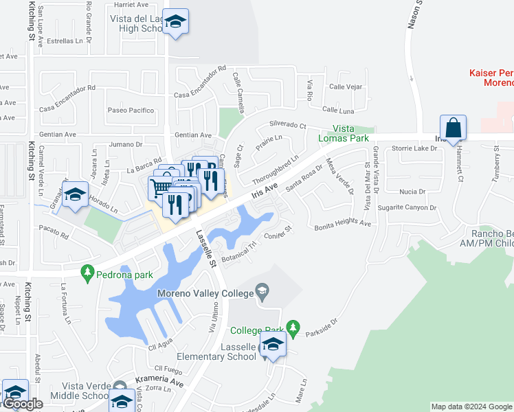 map of restaurants, bars, coffee shops, grocery stores, and more near 26287 Iris Avenue in Moreno Valley