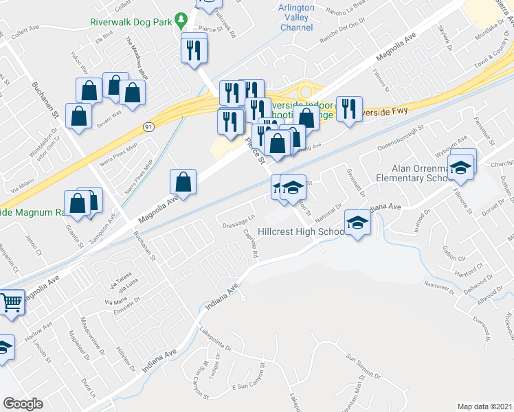map of restaurants, bars, coffee shops, grocery stores, and more near 3635 Courbette Drive in Riverside