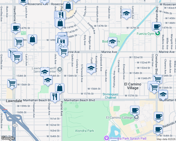 map of restaurants, bars, coffee shops, grocery stores, and more near 15312 Doty Avenue in Lawndale