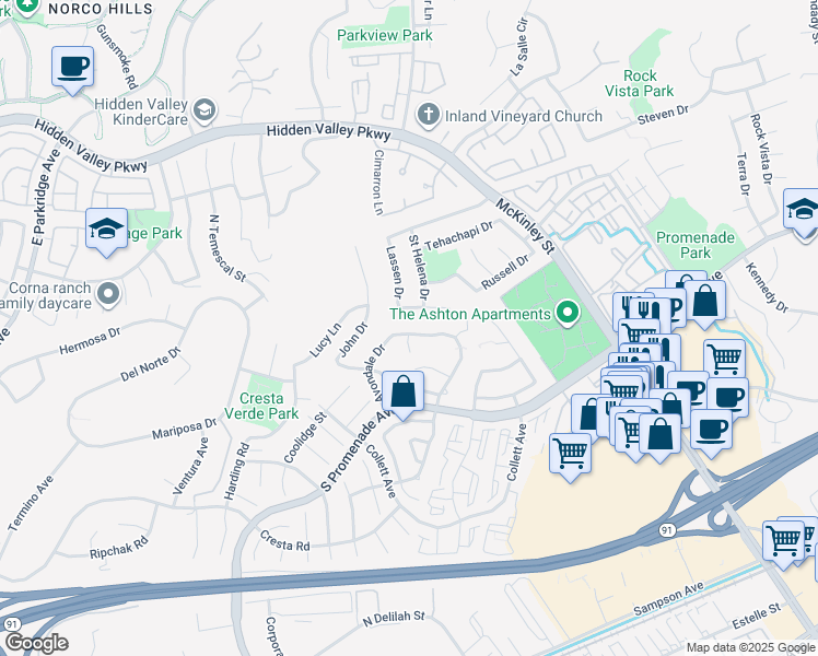 map of restaurants, bars, coffee shops, grocery stores, and more near 676 Avondale Drive in Corona