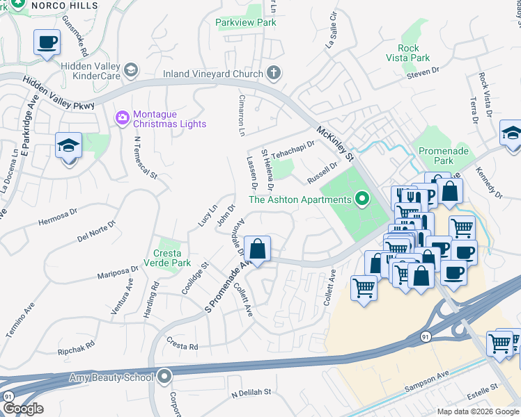 map of restaurants, bars, coffee shops, grocery stores, and more near 676 Avondale Drive in Corona