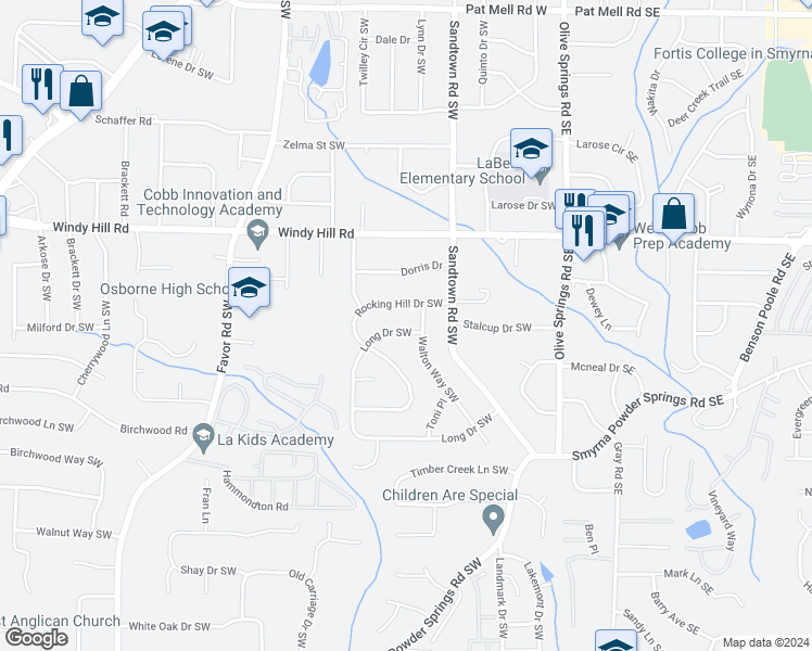 map of restaurants, bars, coffee shops, grocery stores, and more near 185 Long Drive Southwest in Marietta