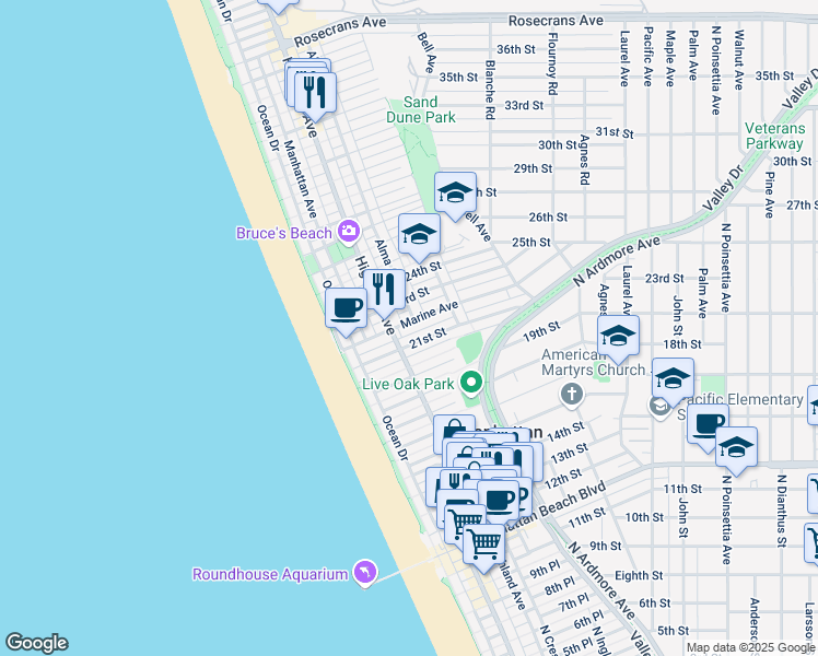 map of restaurants, bars, coffee shops, grocery stores, and more near 320 Marine Avenue in Manhattan Beach