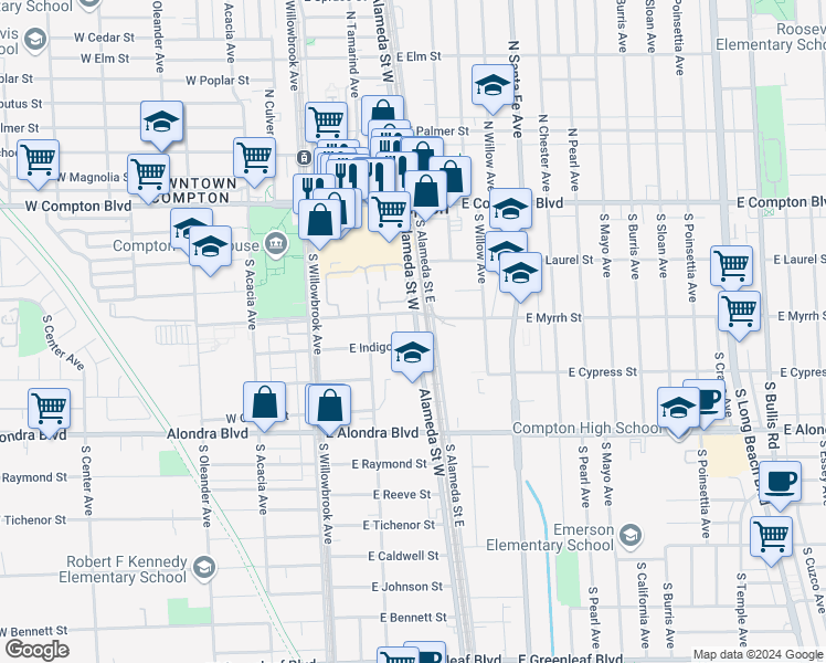 map of restaurants, bars, coffee shops, grocery stores, and more near 521 Alameda Street in Compton