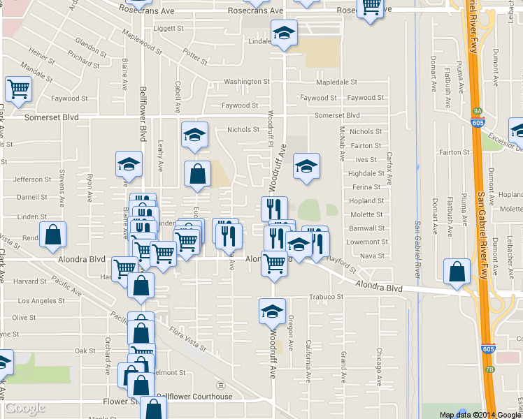 map of restaurants, bars, coffee shops, grocery stores, and more near 15539 Woodruff Avenue in Bellflower