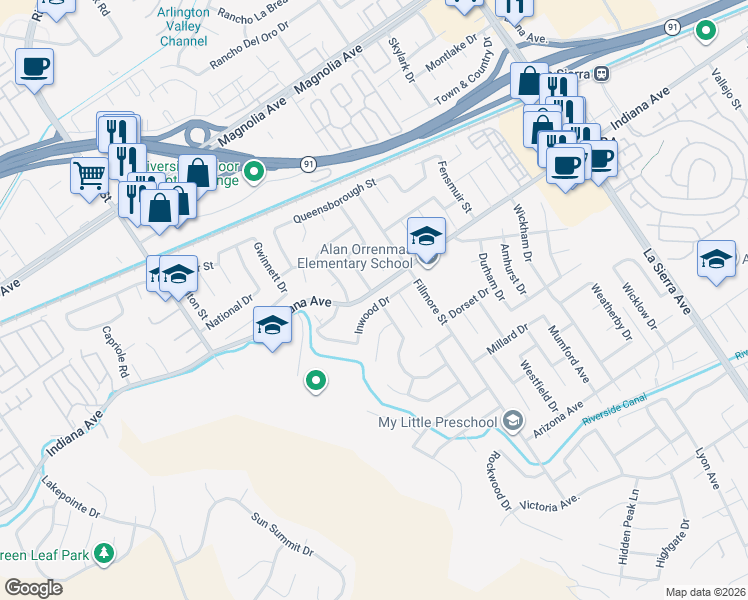 map of restaurants, bars, coffee shops, grocery stores, and more near 11605 Inwood Drive in Riverside