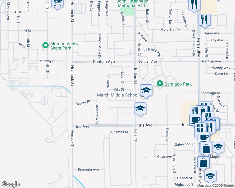 map of restaurants, bars, coffee shops, grocery stores, and more near 15754 Sheryl Lane in Moreno Valley