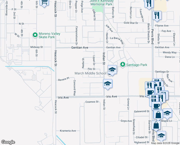 map of restaurants, bars, coffee shops, grocery stores, and more near 15754 Sheryl Lane in Moreno Valley