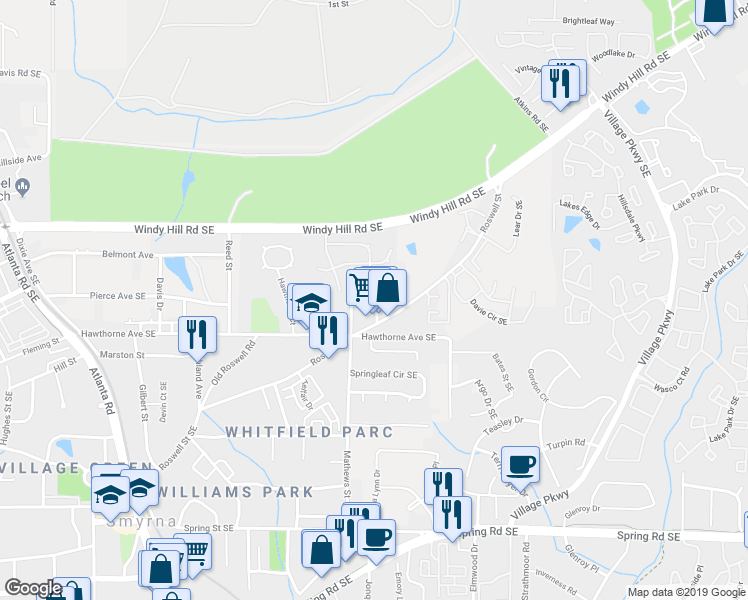 map of restaurants, bars, coffee shops, grocery stores, and more near 1673 Roswell Street Southeast in Smyrna