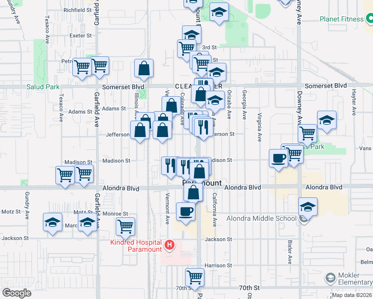 map of restaurants, bars, coffee shops, grocery stores, and more near 15536 Colorado Avenue in Paramount