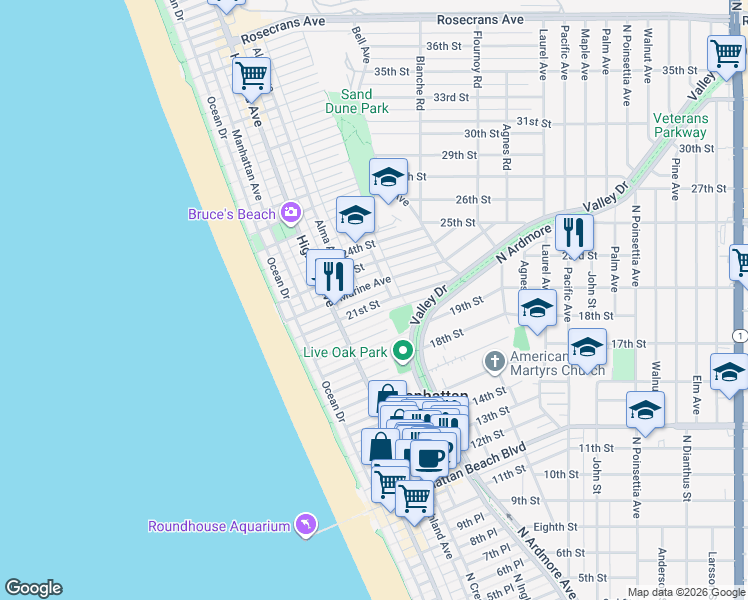 map of restaurants, bars, coffee shops, grocery stores, and more near 428 21st Place in Manhattan Beach