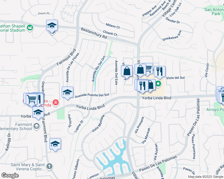 map of restaurants, bars, coffee shops, grocery stores, and more near 4661 Avenue Del Este in Yorba Linda