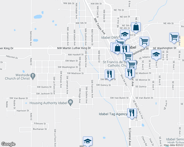 map of restaurants, bars, coffee shops, grocery stores, and more near 225 Southwest Fairview Avenue in Idabel