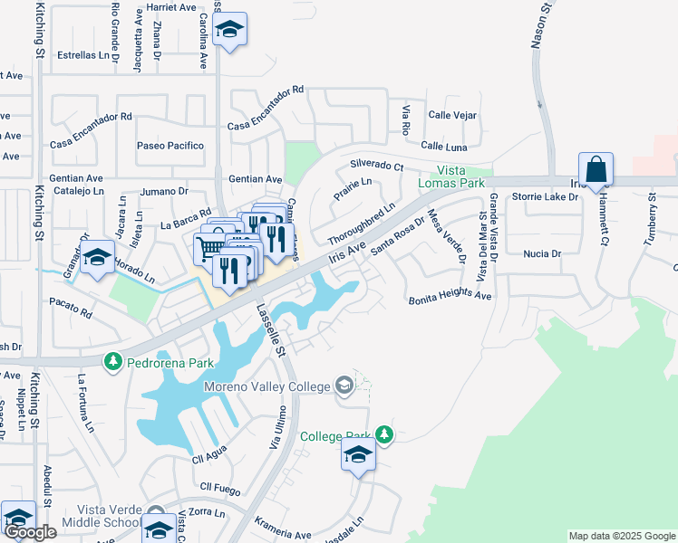 map of restaurants, bars, coffee shops, grocery stores, and more near 26287 Iris Avenue in Moreno Valley