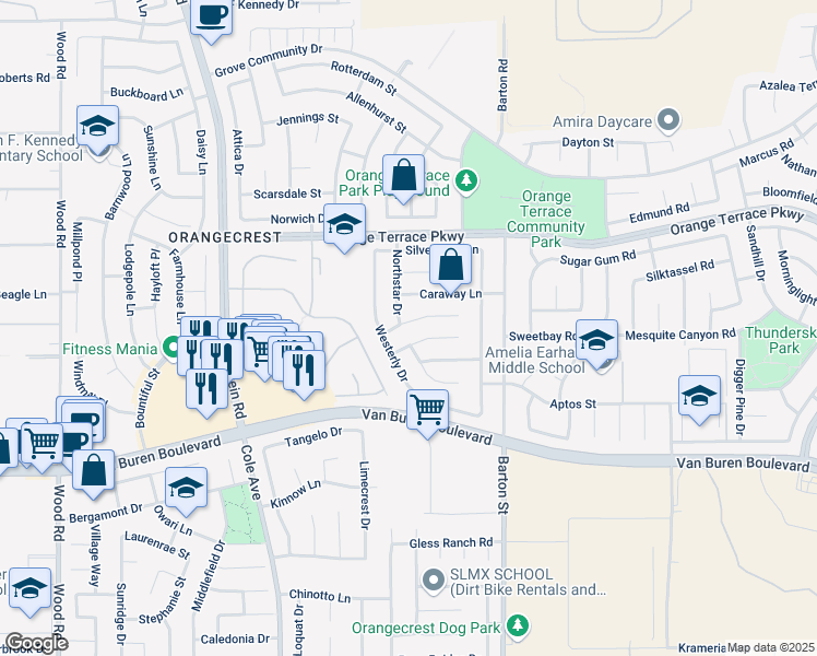 map of restaurants, bars, coffee shops, grocery stores, and more near 8740 Northstar Drive in Riverside