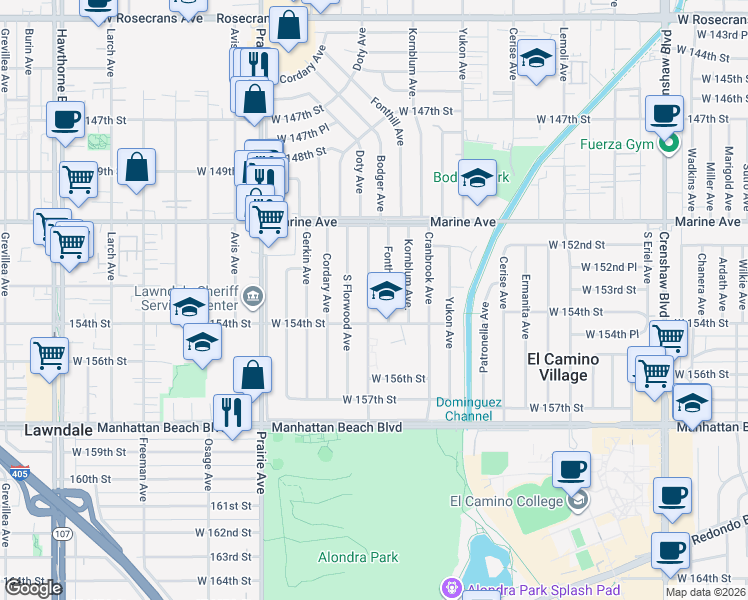 map of restaurants, bars, coffee shops, grocery stores, and more near 15312 Doty Avenue in Lawndale