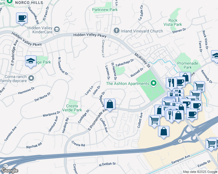 map of restaurants, bars, coffee shops, grocery stores, and more near 706 Lassen Drive in Corona