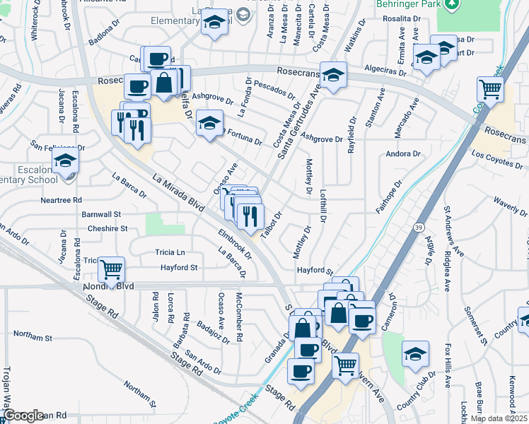 map of restaurants, bars, coffee shops, grocery stores, and more near 15607 Fada Drive in La Mirada