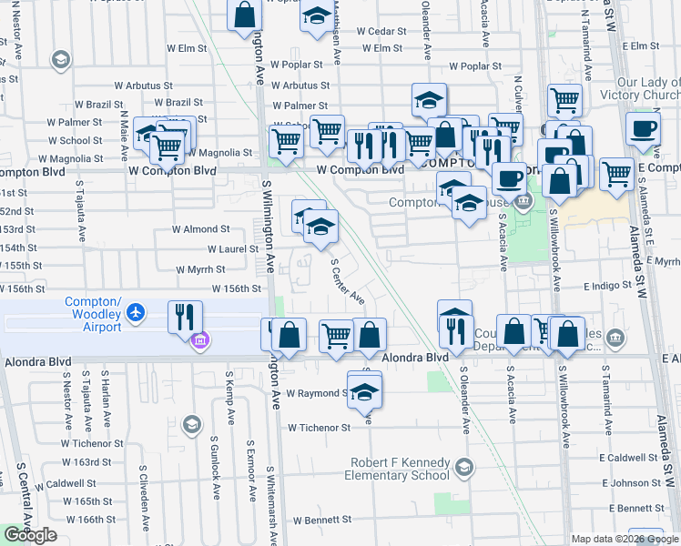 map of restaurants, bars, coffee shops, grocery stores, and more near 650 West Laurel Street in Compton