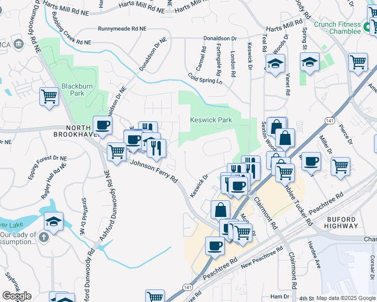 map of restaurants, bars, coffee shops, grocery stores, and more near 3451 Keswick Court in Chamblee