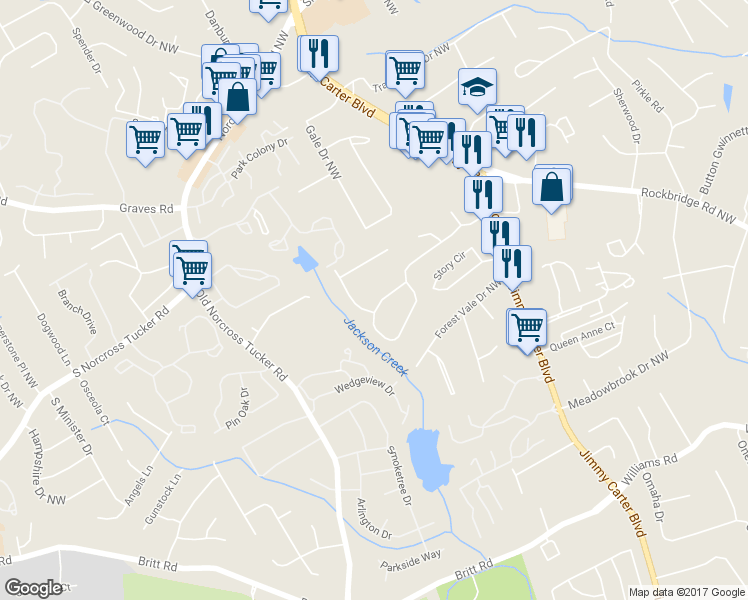 map of restaurants, bars, coffee shops, grocery stores, and more near 6404 Boyett Drive Northwest in Norcross