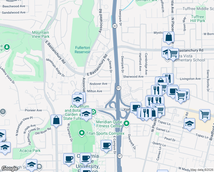 map of restaurants, bars, coffee shops, grocery stores, and more near 2670 Andover Avenue in Fullerton