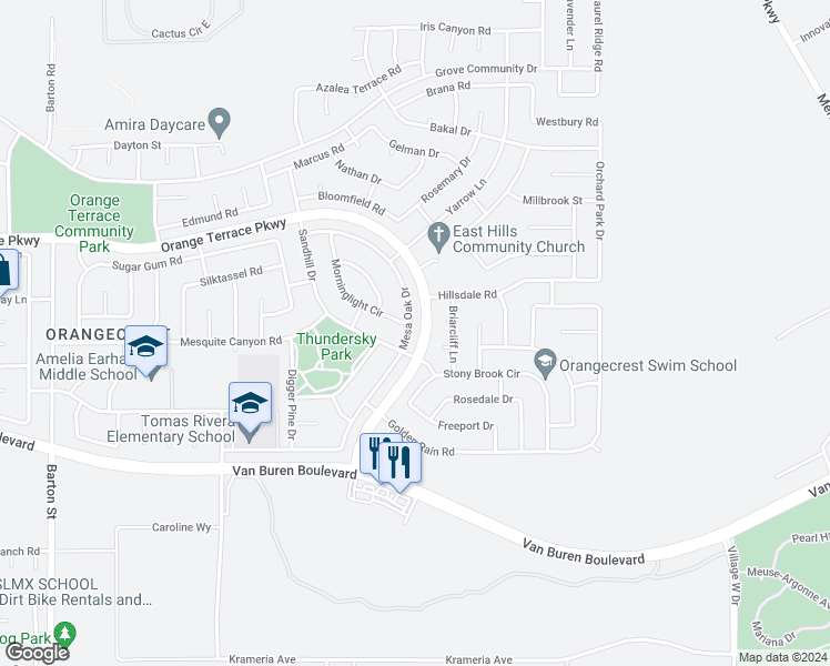 map of restaurants, bars, coffee shops, grocery stores, and more near 8748 Mesa Oak Drive in Riverside