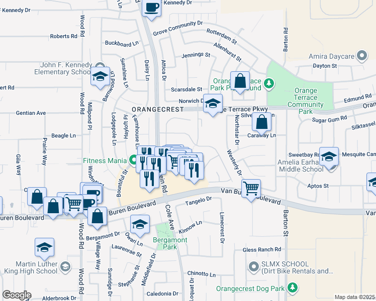 map of restaurants, bars, coffee shops, grocery stores, and more near 8735 Redcliff Place in Riverside