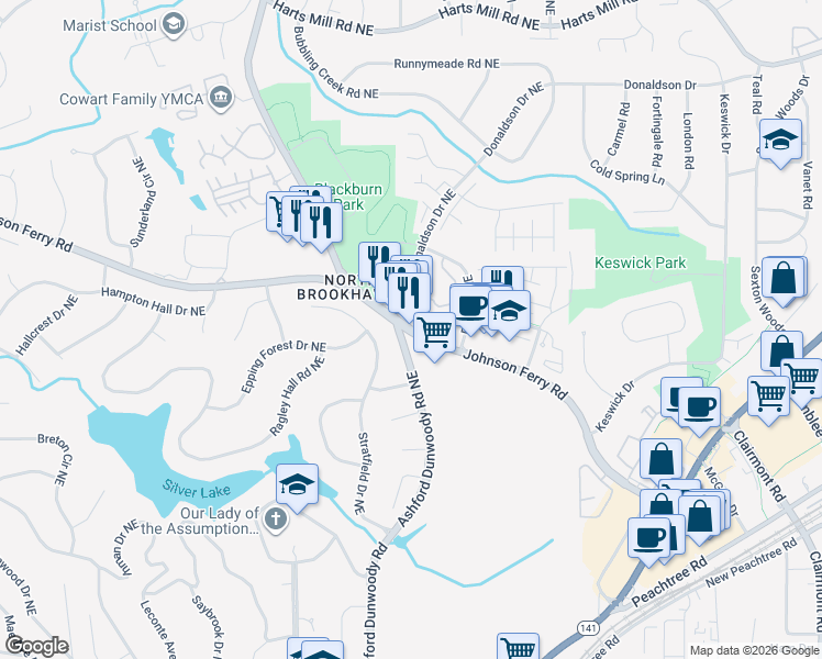 map of restaurants, bars, coffee shops, grocery stores, and more near 2150 Johnson Ferry Road Northeast in Brookhaven