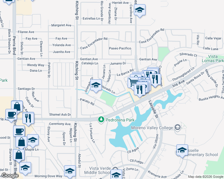 map of restaurants, bars, coffee shops, grocery stores, and more near 15660 Isleta Lane in Moreno Valley