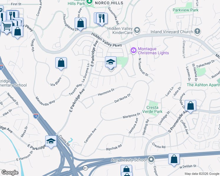 map of restaurants, bars, coffee shops, grocery stores, and more near 728 Bonanza Circle in Corona