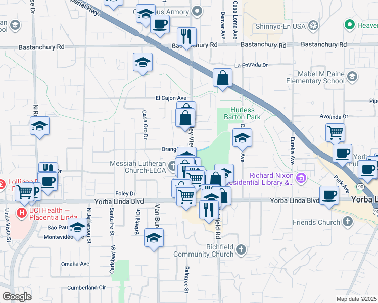 map of restaurants, bars, coffee shops, grocery stores, and more near 4725 Valley View Avenue in Yorba Linda