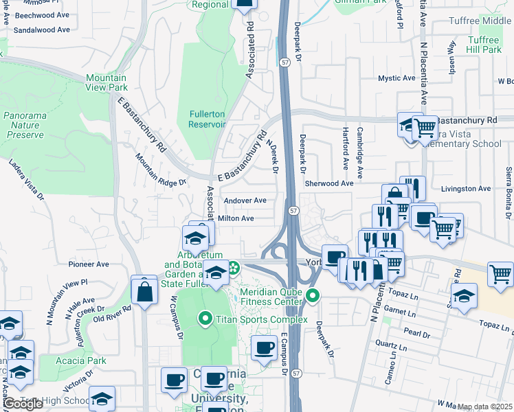map of restaurants, bars, coffee shops, grocery stores, and more near 2631 Andover Avenue in Fullerton