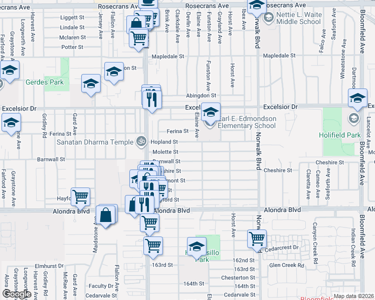 map of restaurants, bars, coffee shops, grocery stores, and more near 11945 Hopland Street in Norwalk