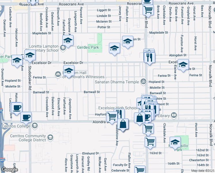map of restaurants, bars, coffee shops, grocery stores, and more near 15217 Gard Avenue in Norwalk
