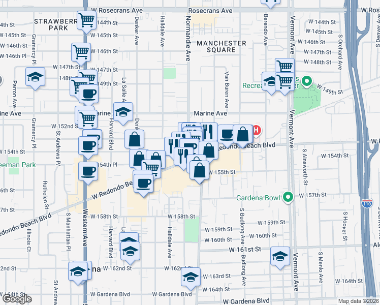 map of restaurants, bars, coffee shops, grocery stores, and more near 15309 Normandie Avenue in Gardena