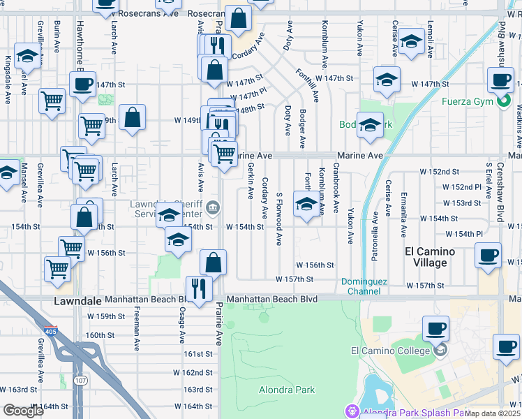 map of restaurants, bars, coffee shops, grocery stores, and more near 15229 Cordary Avenue in Lawndale