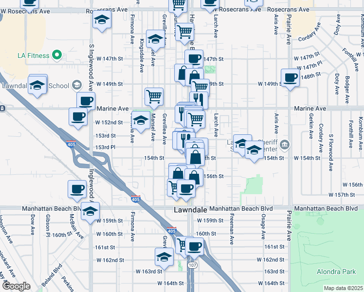 map of restaurants, bars, coffee shops, grocery stores, and more near 15223 Hawthorne Boulevard in Lawndale