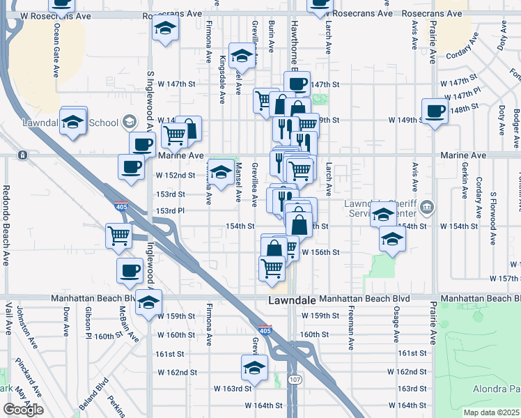 map of restaurants, bars, coffee shops, grocery stores, and more near 4491 153rd Street in Lawndale