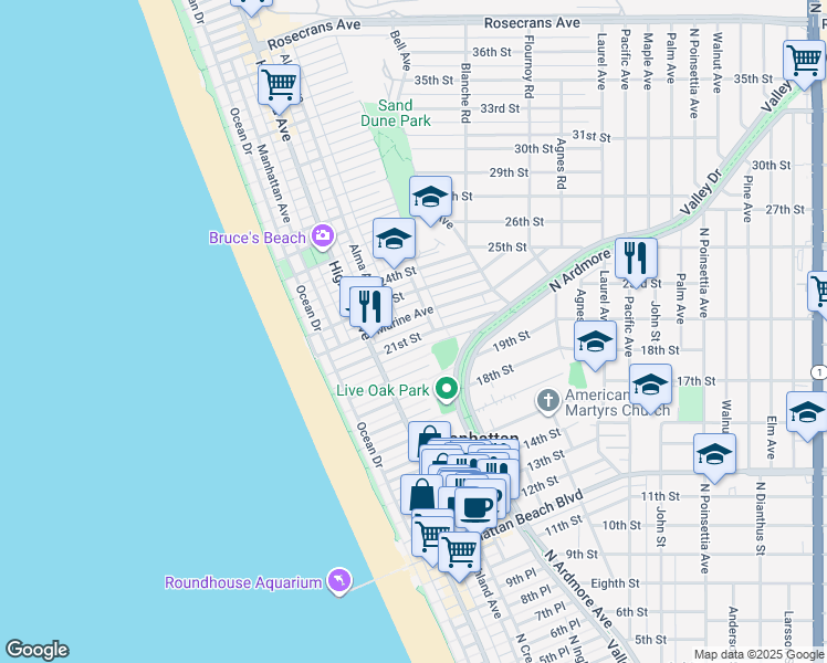 map of restaurants, bars, coffee shops, grocery stores, and more near 448 Marine Avenue in Manhattan Beach