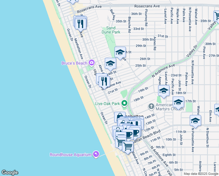 map of restaurants, bars, coffee shops, grocery stores, and more near 2213 Alma Avenue in Manhattan Beach