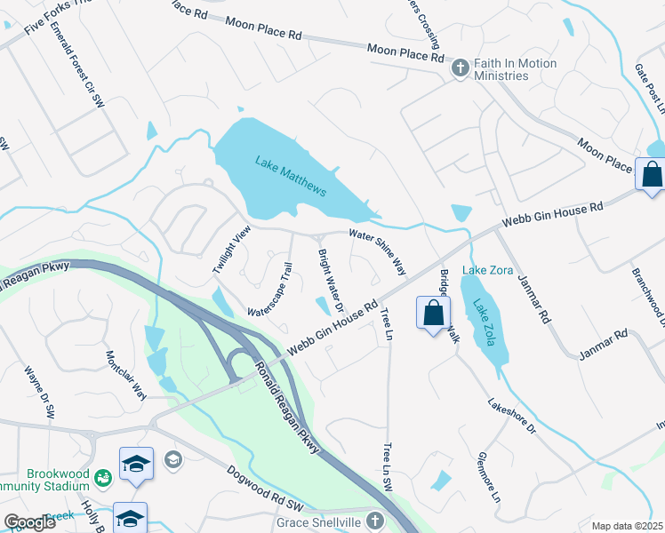 map of restaurants, bars, coffee shops, grocery stores, and more near 2258 Bright Water Drive in Snellville