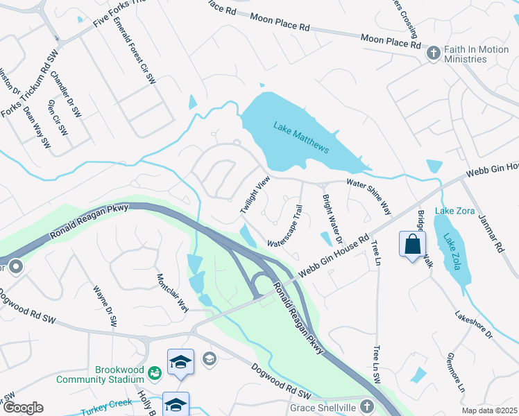 map of restaurants, bars, coffee shops, grocery stores, and more near 1021 White Cloud Ridge in Snellville