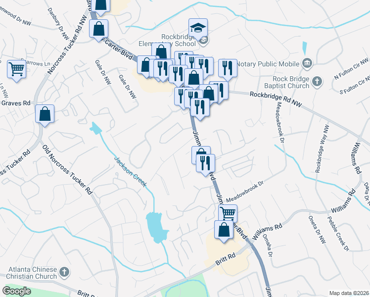 map of restaurants, bars, coffee shops, grocery stores, and more near 4864 Jimmy Carter Boulevard in Norcross