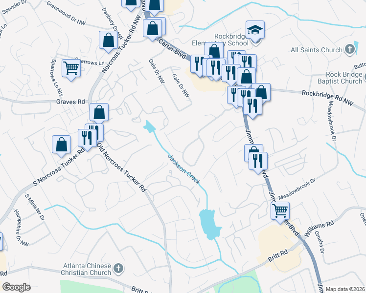 map of restaurants, bars, coffee shops, grocery stores, and more near 6404 Boyett Drive Northwest in Norcross