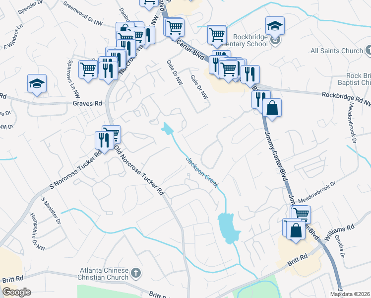 map of restaurants, bars, coffee shops, grocery stores, and more near 1168 Creeldale Drive Northwest in Norcross