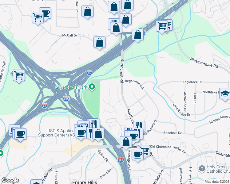 map of restaurants, bars, coffee shops, grocery stores, and more near 3456 Rose Arbor Court in Atlanta