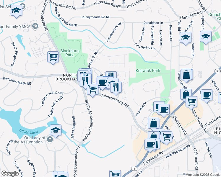 map of restaurants, bars, coffee shops, grocery stores, and more near 3411 Durden Drive Northeast in Brookhaven