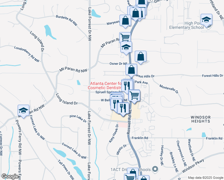 map of restaurants, bars, coffee shops, grocery stores, and more near 90 Spruell Springs Road in Sandy Springs
