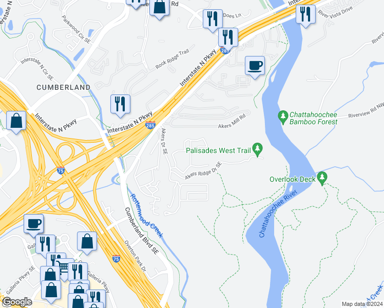 map of restaurants, bars, coffee shops, grocery stores, and more near 1725 Akers Ridge Drive Southeast in Atlanta